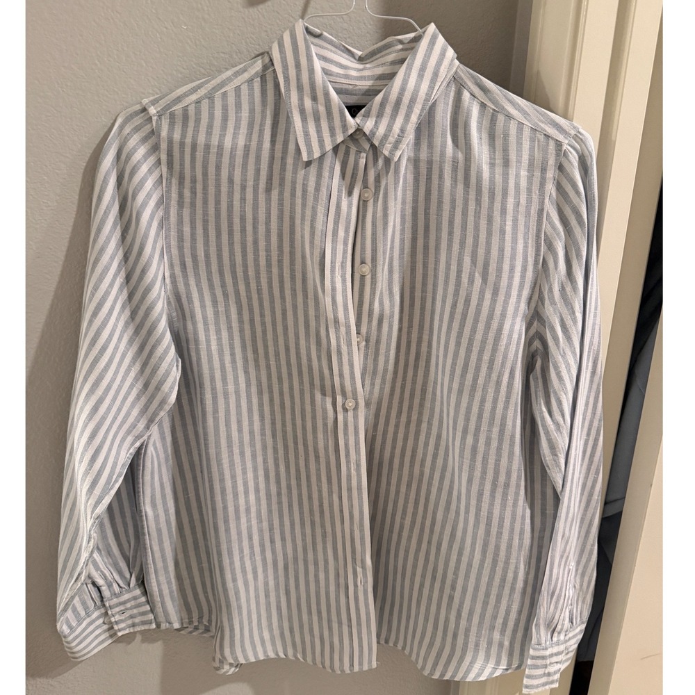 Quince Womens Blue White Striped Linen Button Down Long Sleeve Shirt Size M